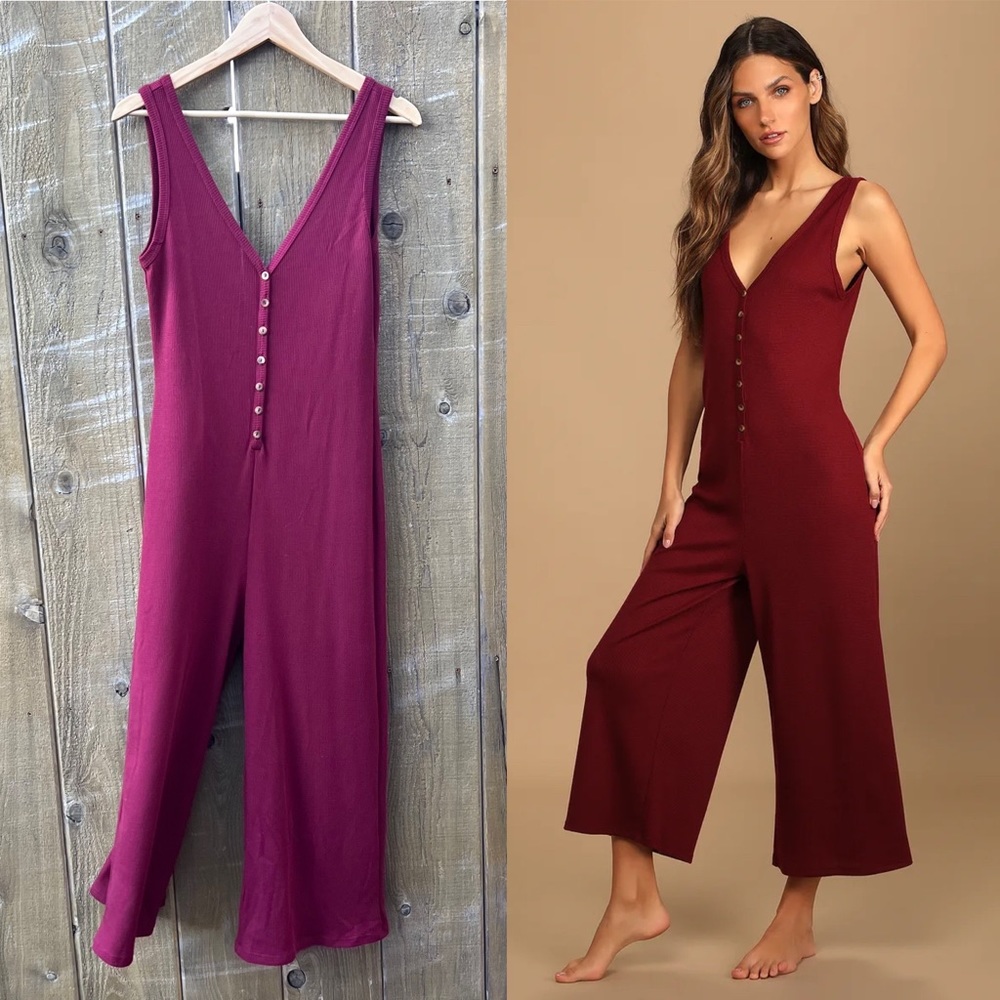 Burgundy Waffle Knit Wide-Leg Thermal Jumpsuit 🌿